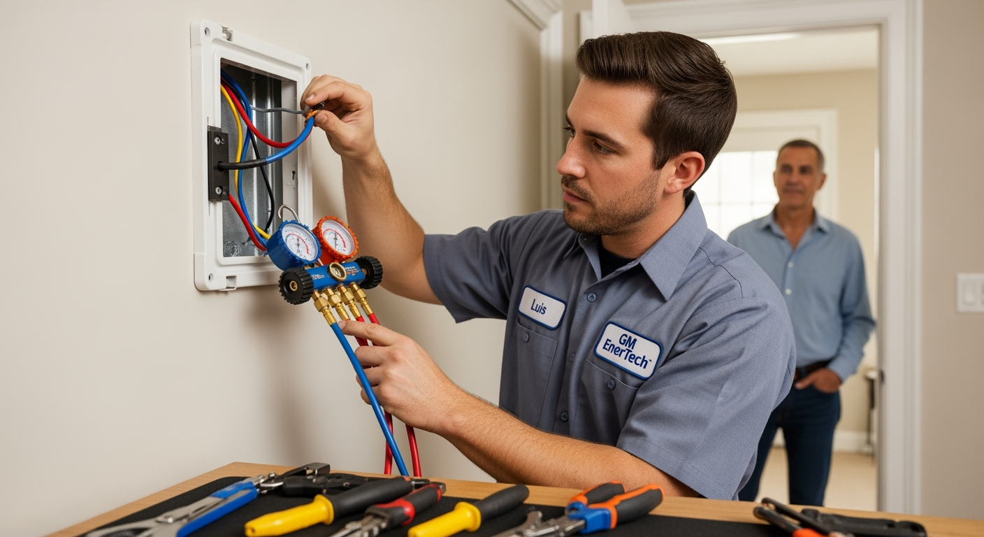 GM EnerTech HVAC technician servicing AC unit in Albertson home