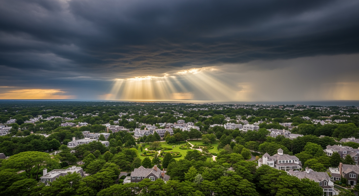 Amagansett NY waterfront aerial view at sunset