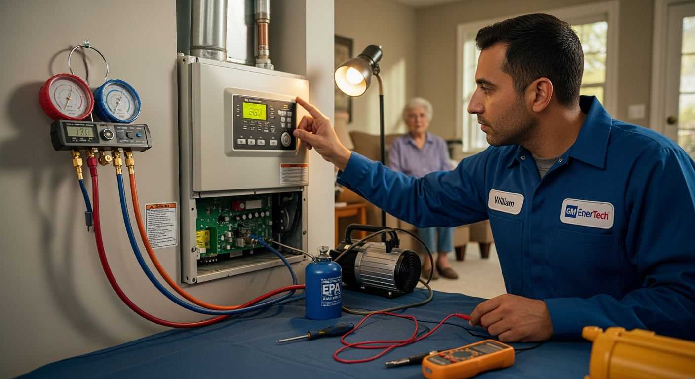 GM EnerTech HVAC technician servicing AC unit in Amagansett home