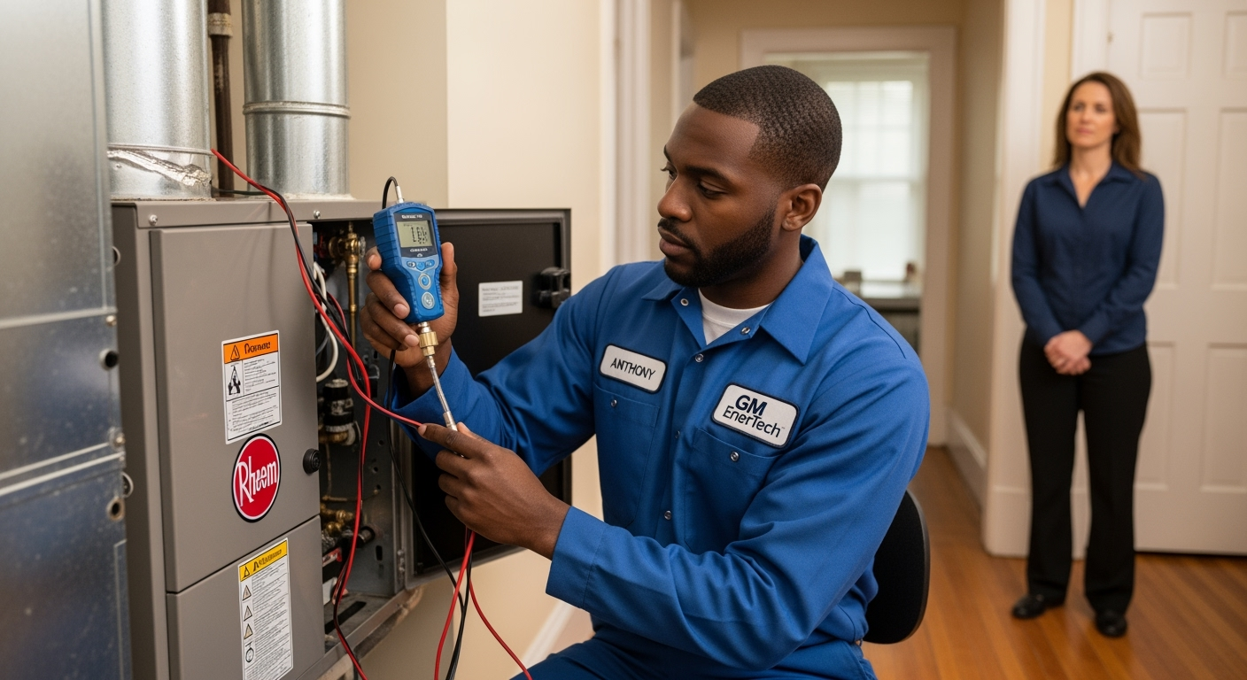 GM EnerTech HVAC technician servicing AC unit in Amityville home