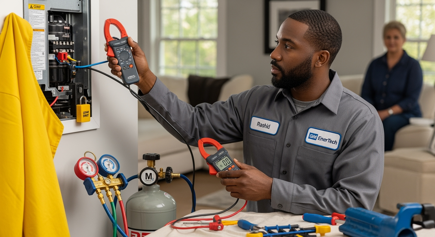 GM EnerTech HVAC technician servicing AC unit in Aquebogue home