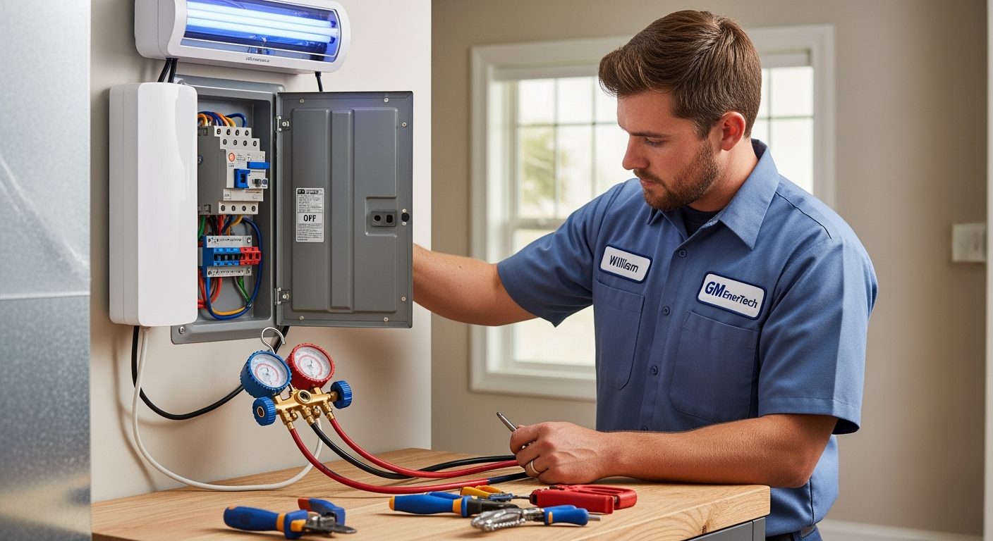 GM EnerTech HVAC technician servicing AC unit in Atlantic Beach home