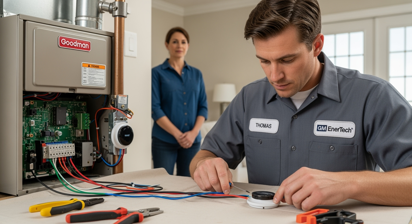 GM EnerTech HVAC technician servicing AC unit in Babylon home