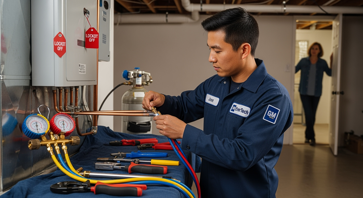 GM EnerTech HVAC technician servicing AC unit in Baiting Hollow home