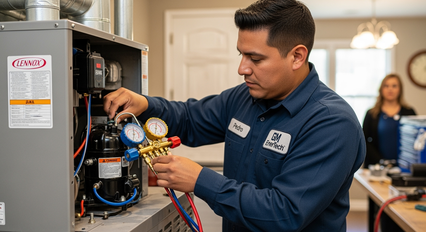 GM EnerTech HVAC technician servicing AC unit in Baldwin home