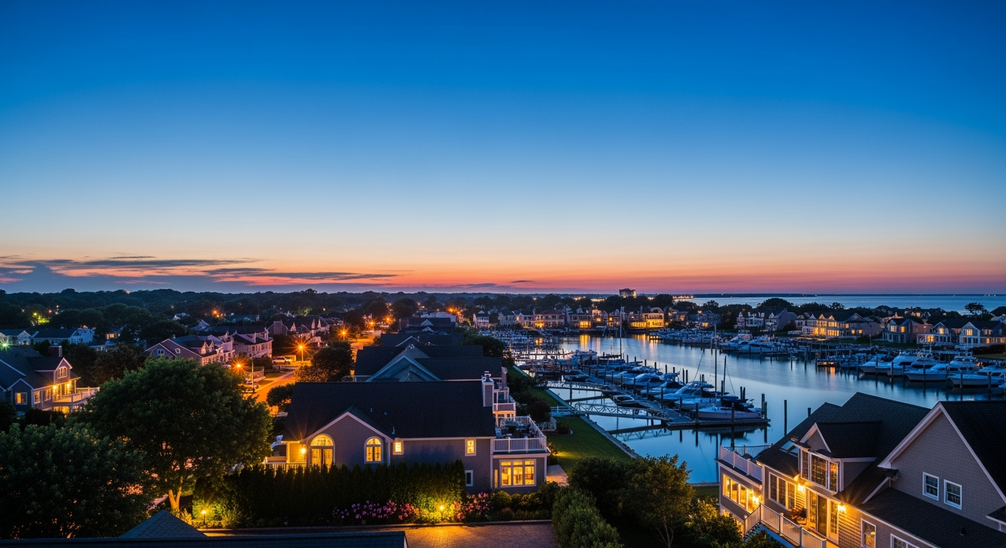 Bay Shore NY waterfront aerial view at sunset