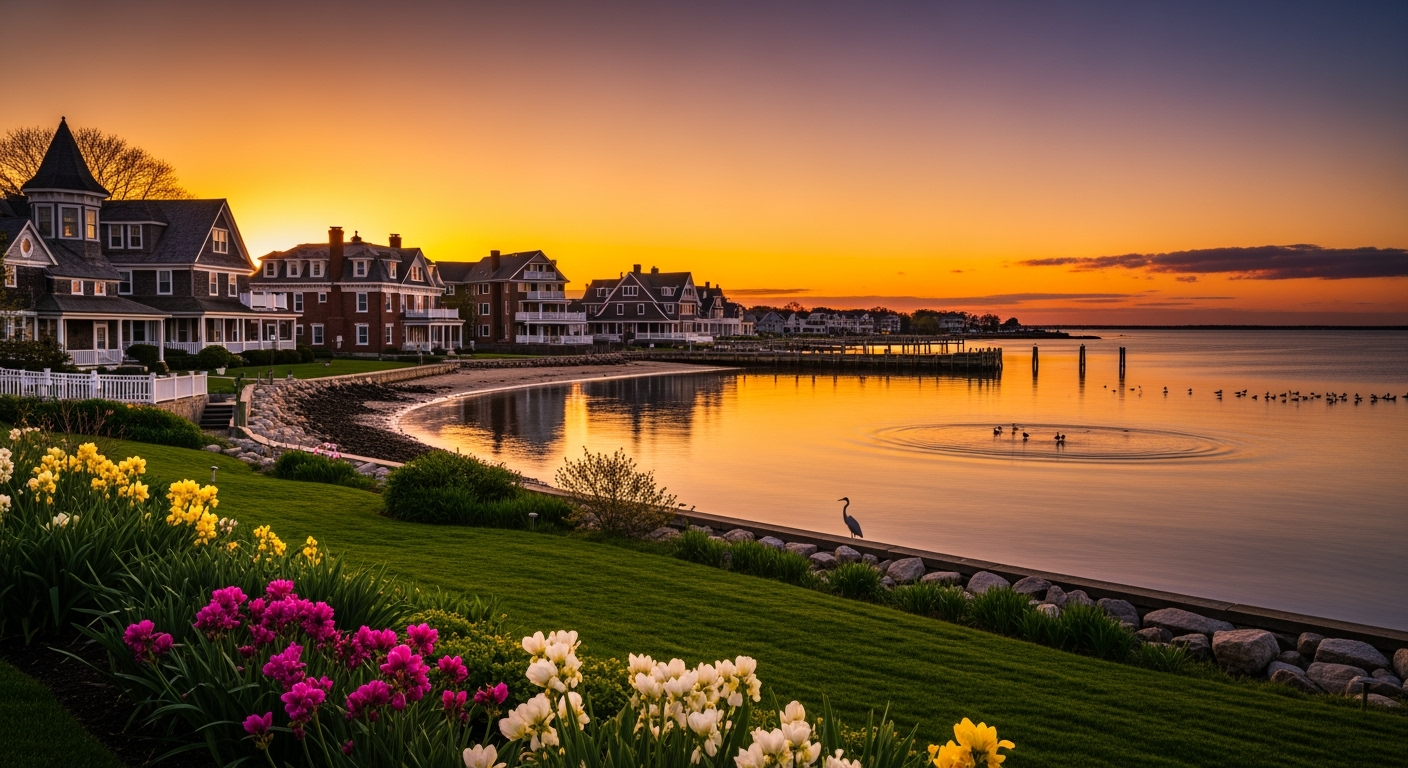 Bayport NY waterfront aerial view at sunset