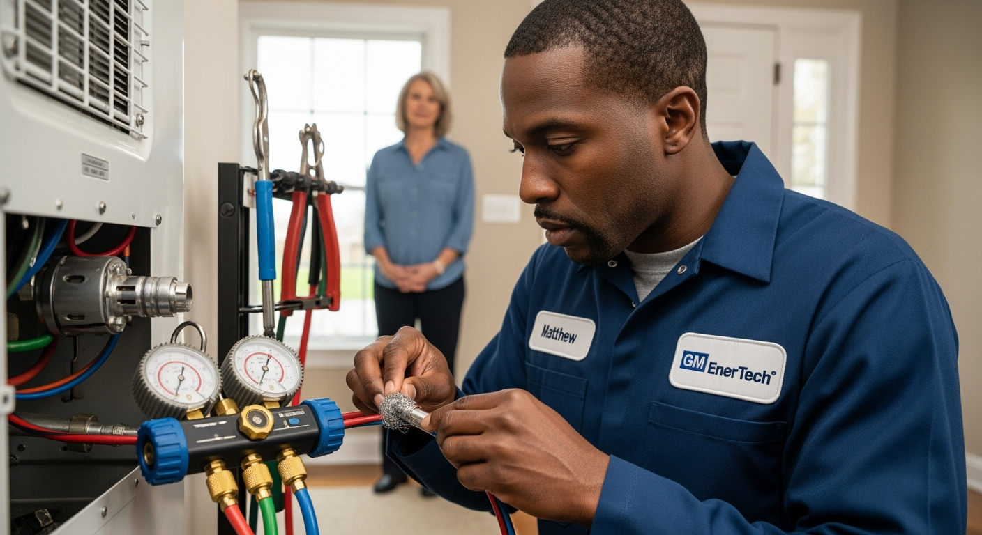 GM EnerTech HVAC technician servicing AC unit in Bellmore home