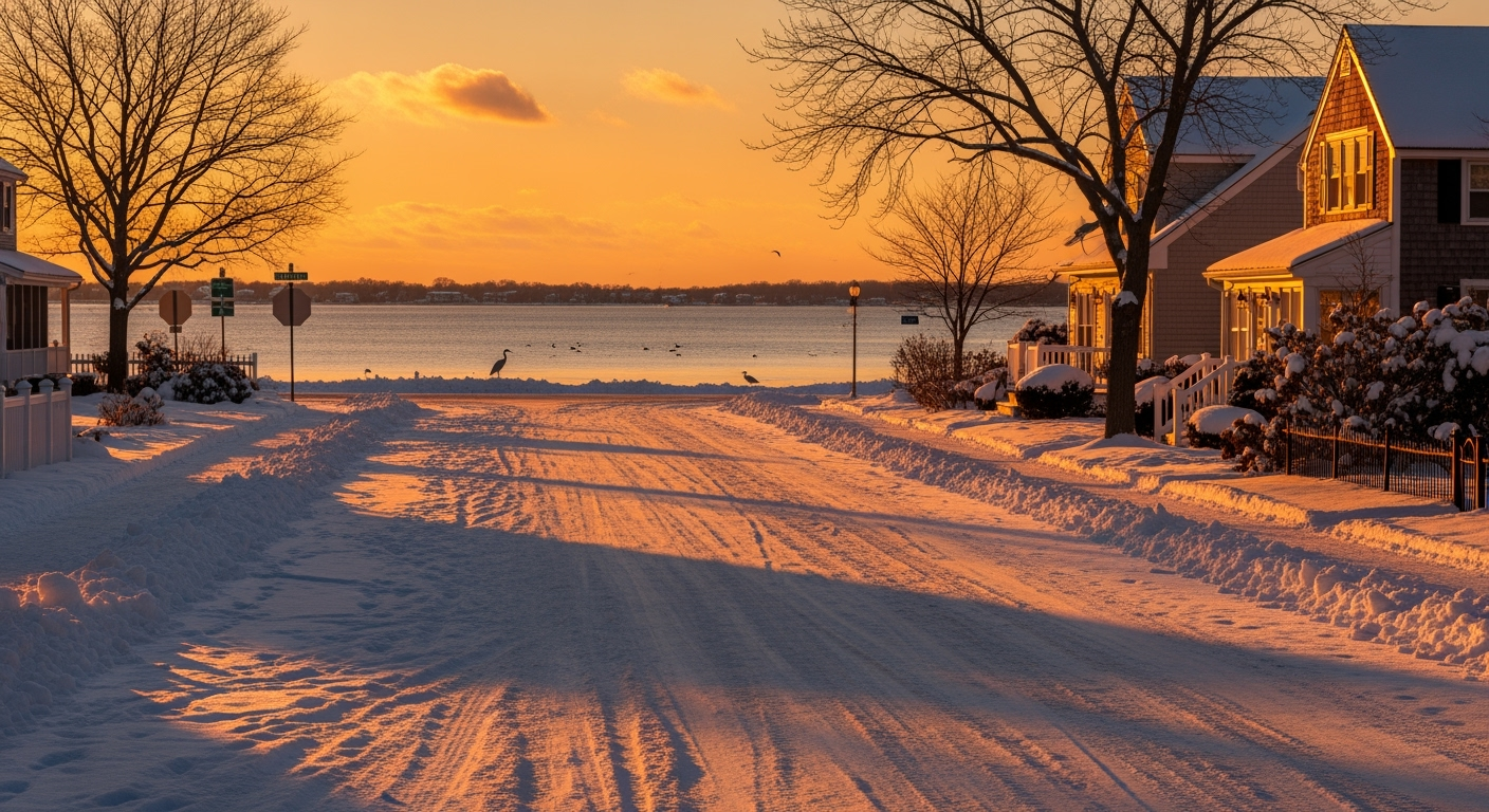 Bellport NY waterfront aerial view at sunset