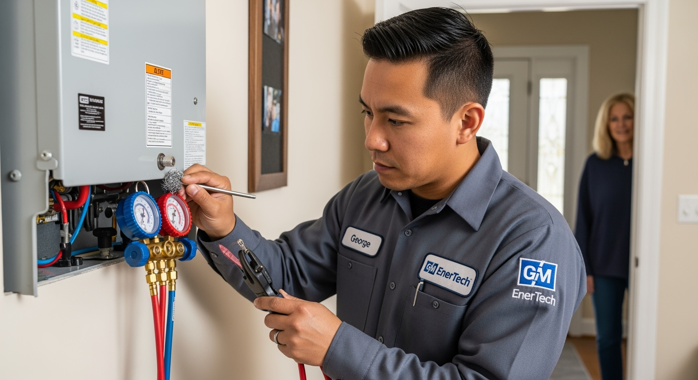 GM EnerTech HVAC technician servicing AC unit in Bellport home