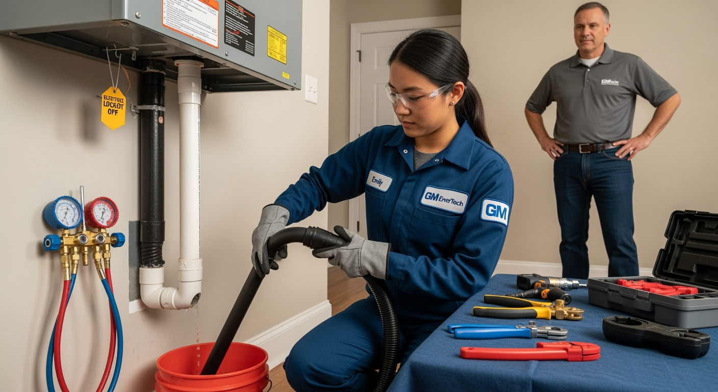 GM EnerTech HVAC technician servicing AC unit in Bethpage home
