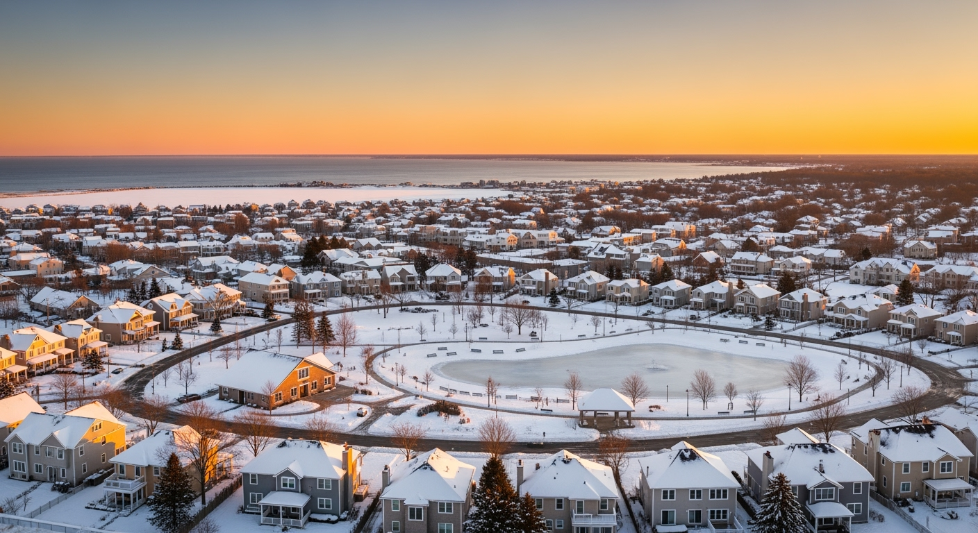 Blue Point NY waterfront aerial view at sunset