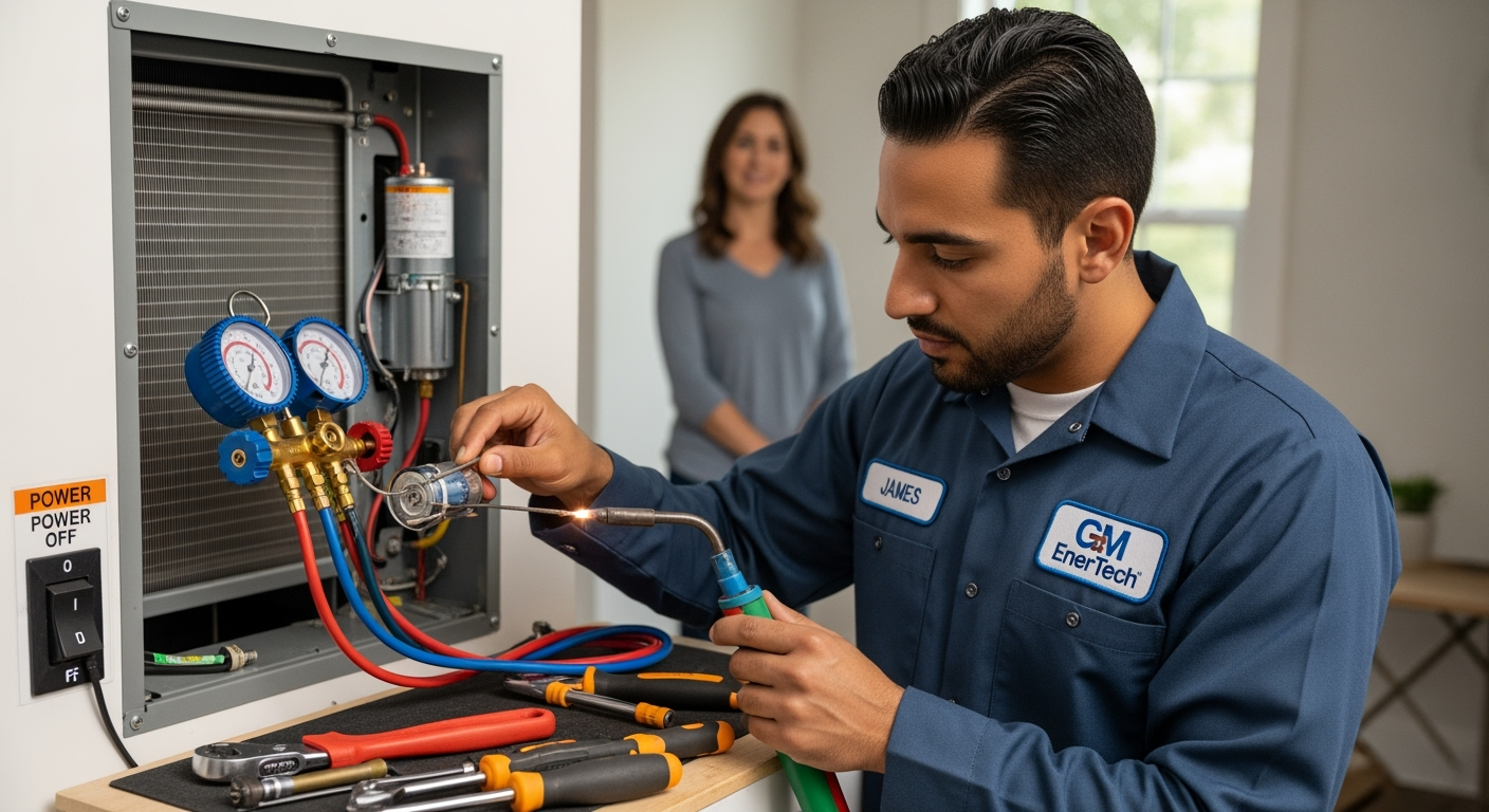 GM EnerTech HVAC technician servicing AC unit in Blue Point home