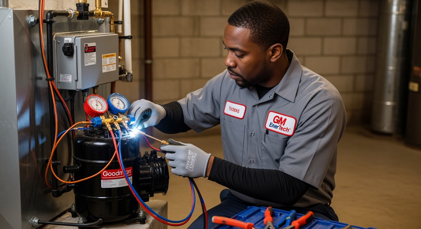 GM EnerTech HVAC technician servicing AC unit in Bohemia home