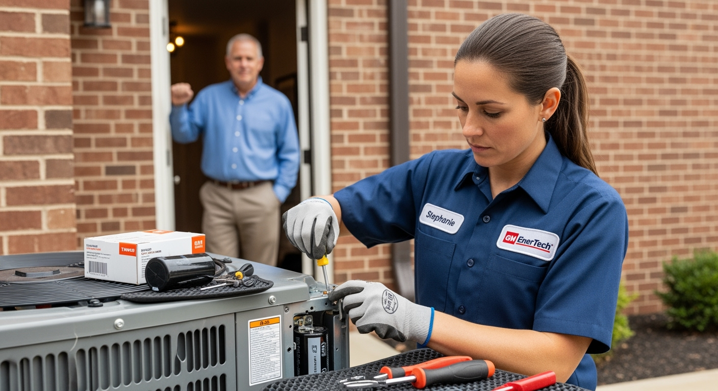 GM EnerTech HVAC technician servicing AC unit in Brentwood home