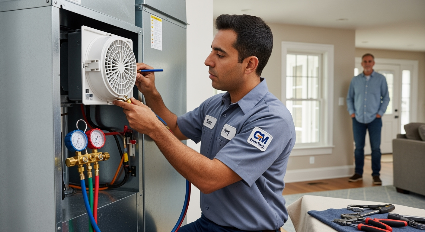 GM EnerTech HVAC technician servicing AC unit in Bridgehampton home