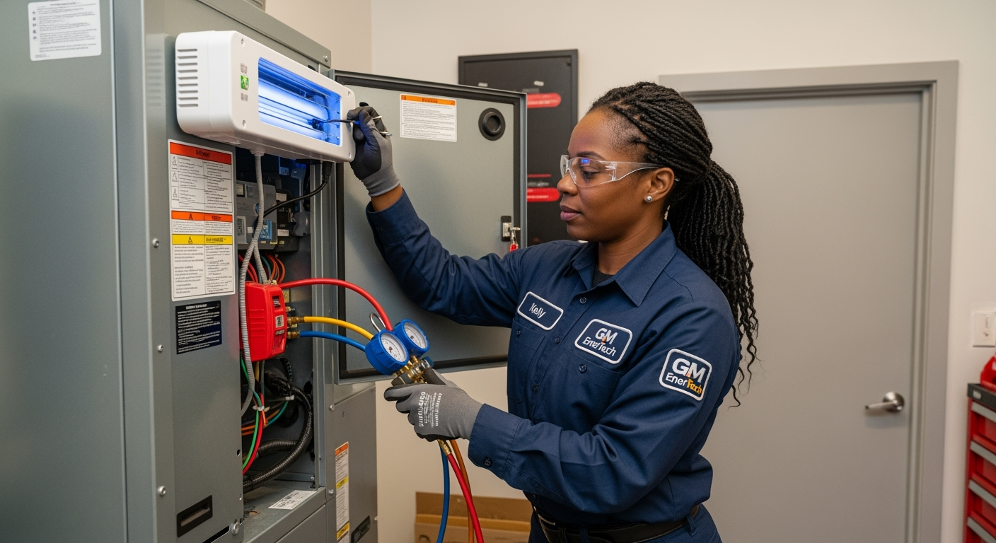 GM EnerTech HVAC technician servicing AC unit in Brightwaters home