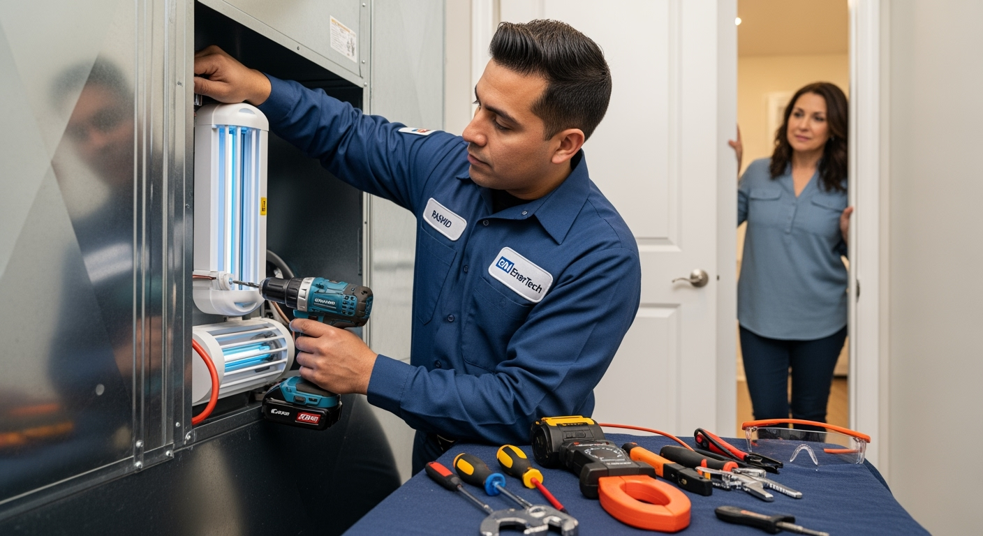 GM EnerTech HVAC technician servicing AC unit in Brookhaven home