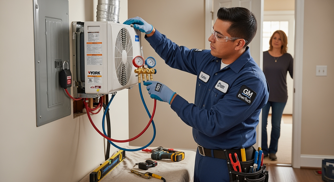 GM EnerTech HVAC technician servicing AC unit in Brookville home