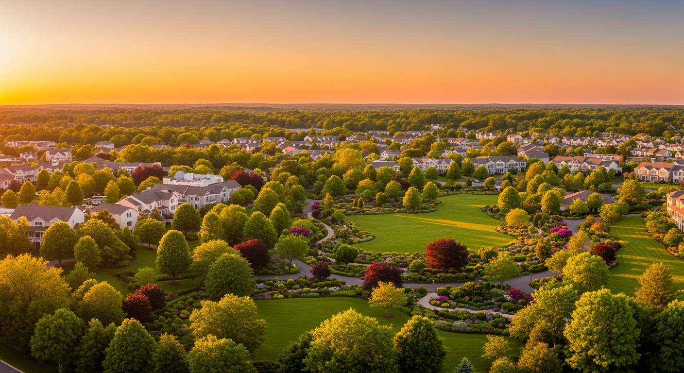 Calverton NY waterfront aerial view at sunset