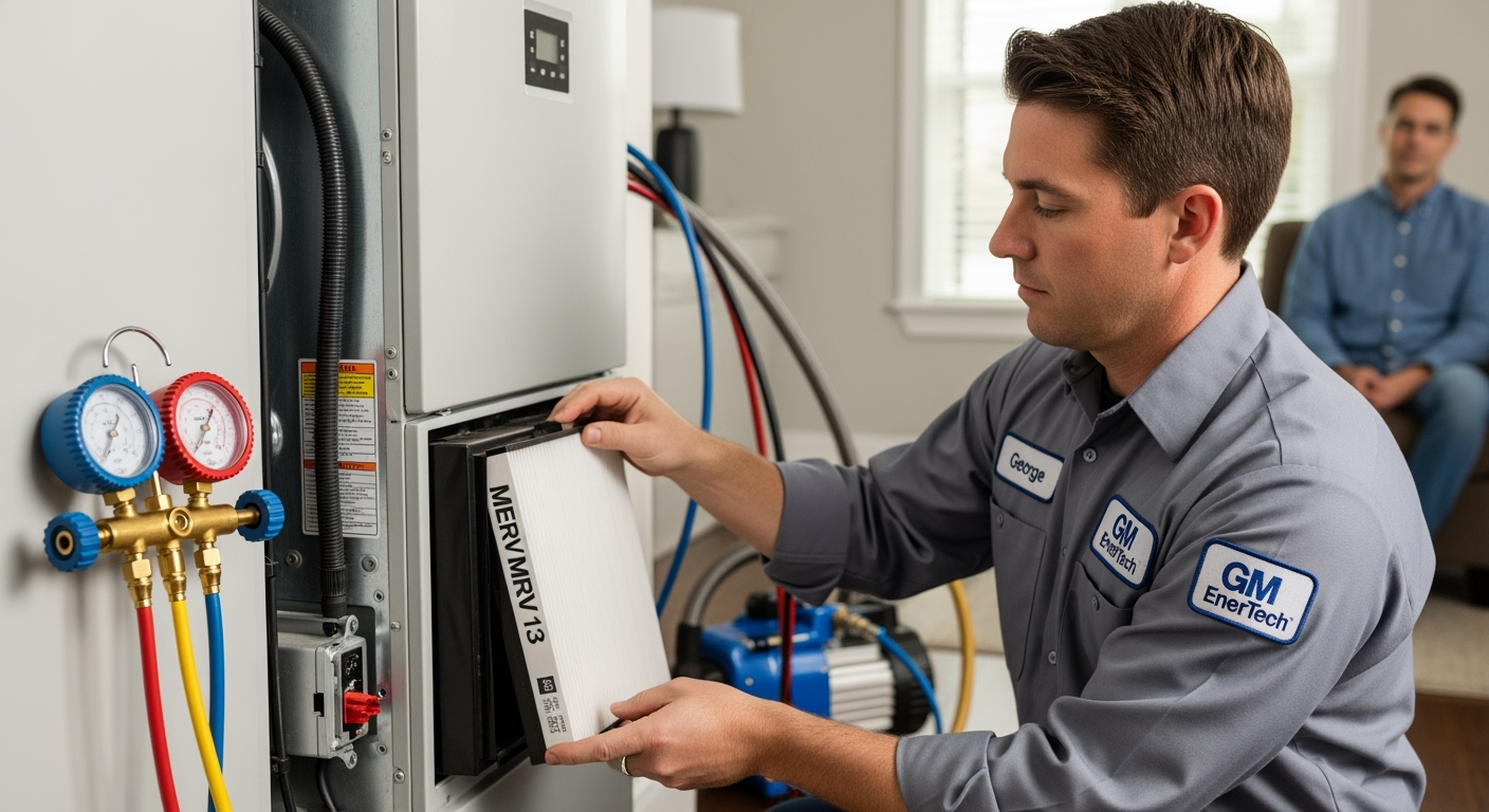 GM EnerTech HVAC technician servicing AC unit in Carle Place home