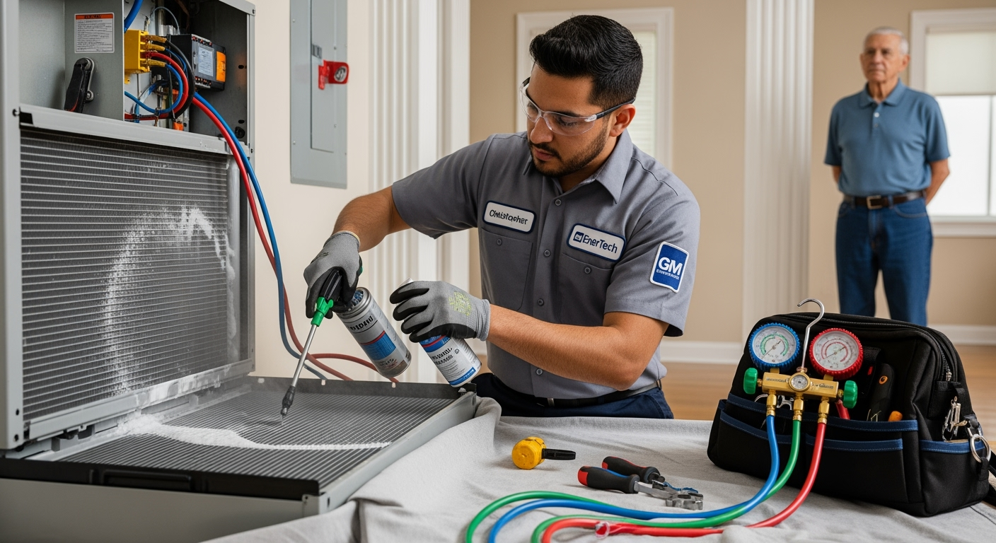GM EnerTech HVAC technician servicing AC unit in Cedarhurst home