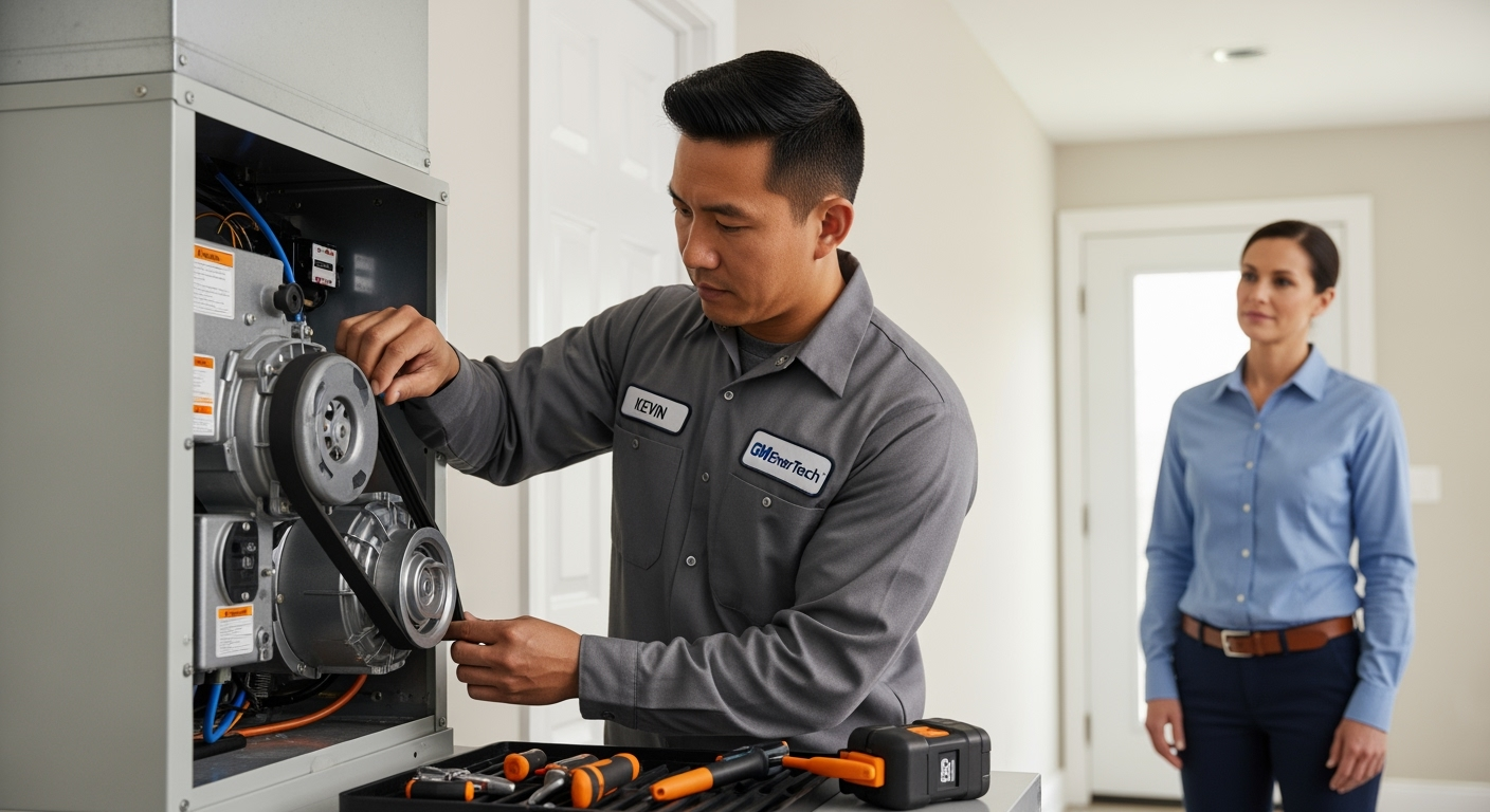 GM EnerTech HVAC technician servicing AC unit in Centereach home