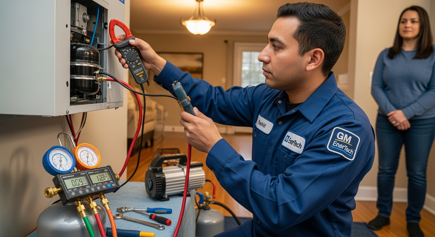 GM EnerTech HVAC technician servicing AC unit in Central Islip home