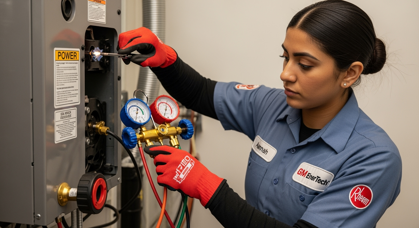 GM EnerTech HVAC technician servicing AC unit in Cold Spring Harbor home