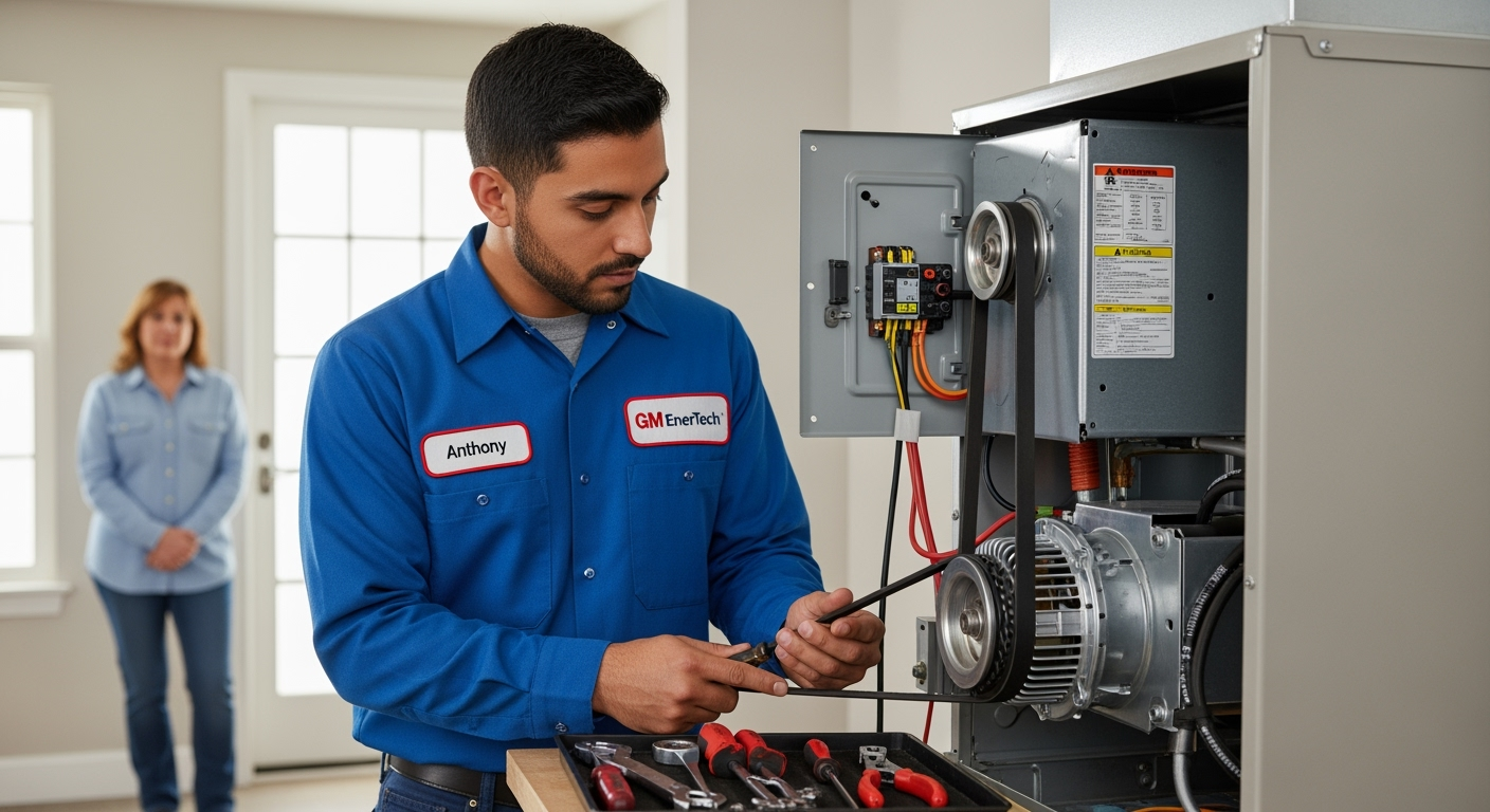 GM EnerTech HVAC technician servicing AC unit in Commack home