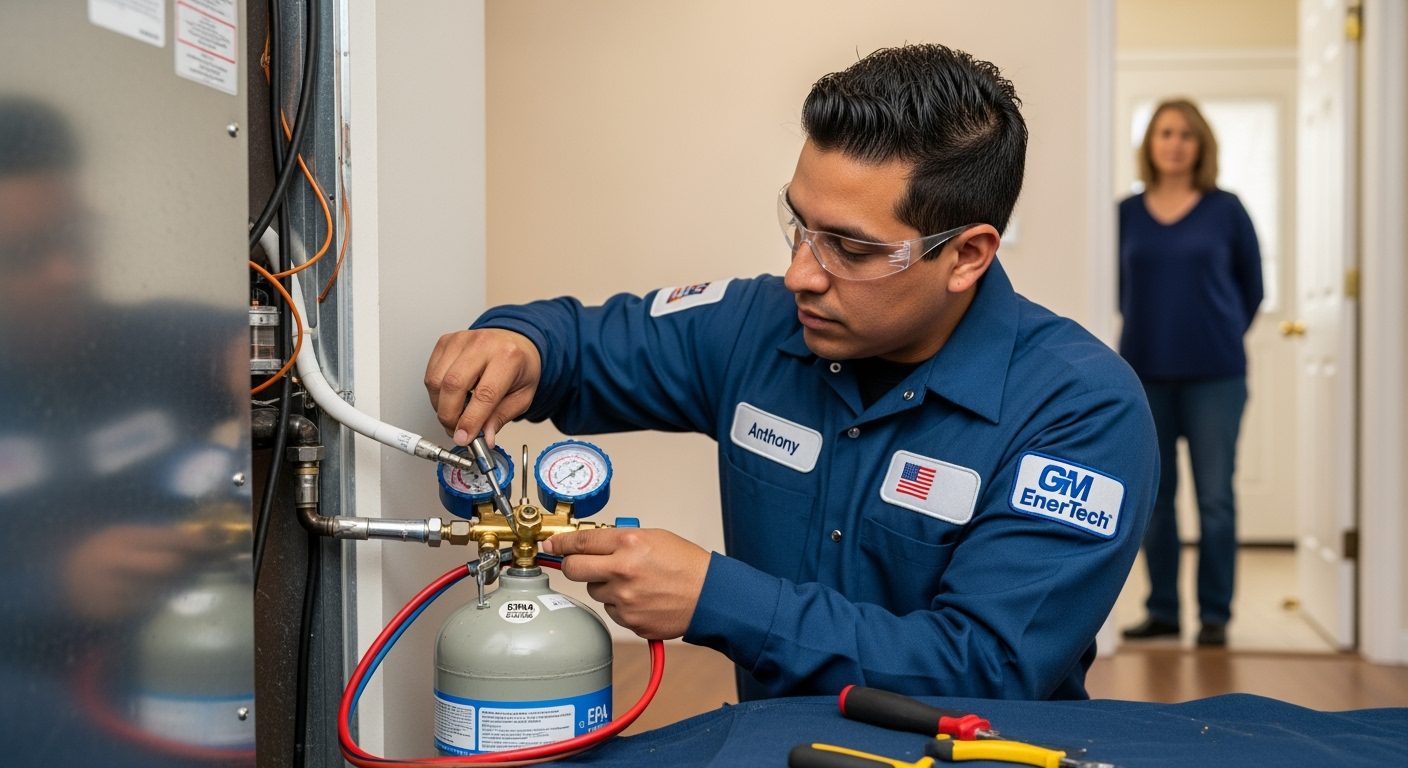 GM EnerTech HVAC technician servicing AC unit in Copiague home