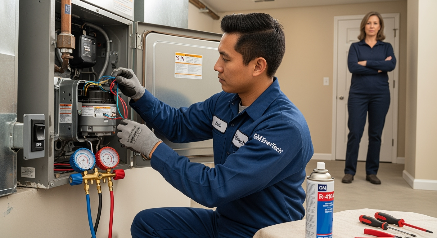 GM EnerTech HVAC technician servicing AC unit in Coram home