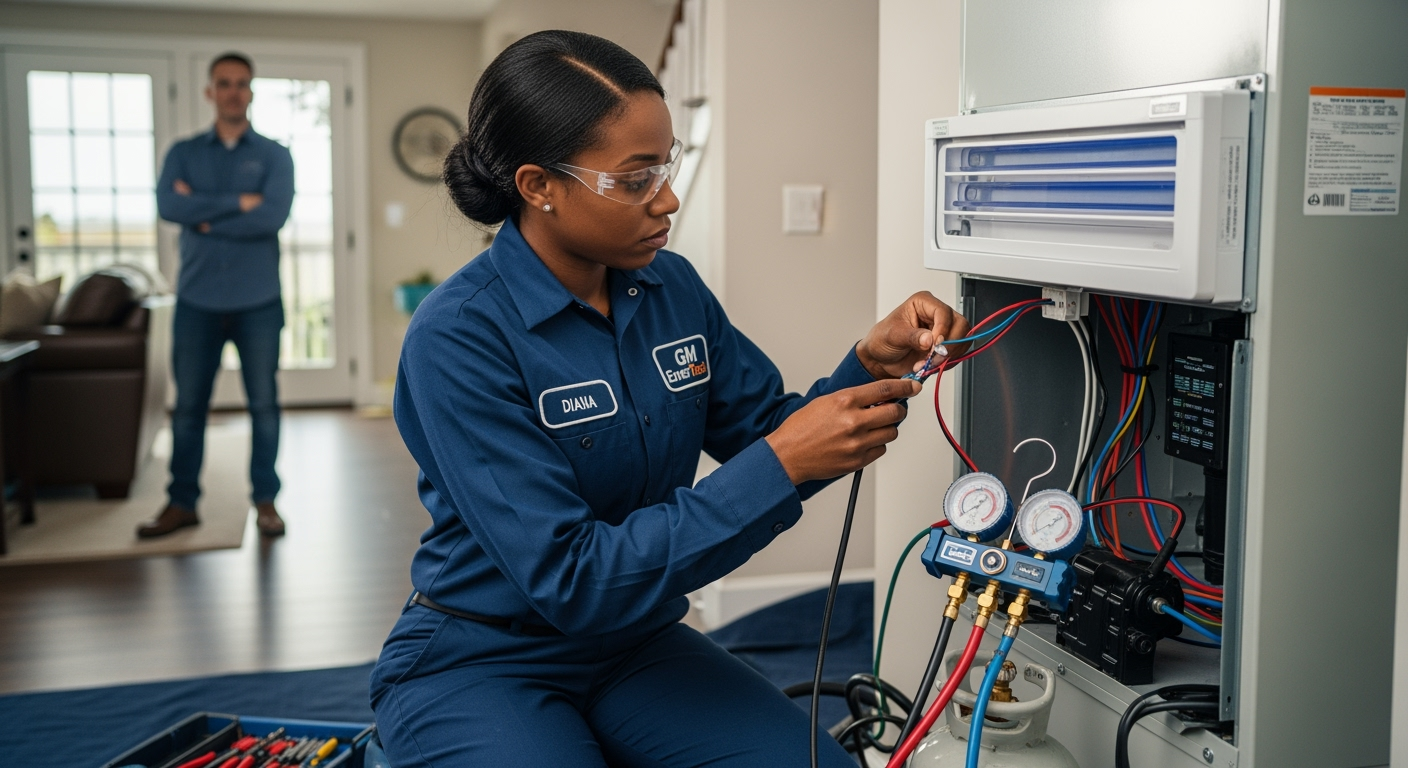 GM EnerTech HVAC technician servicing AC unit in Cutchogue home