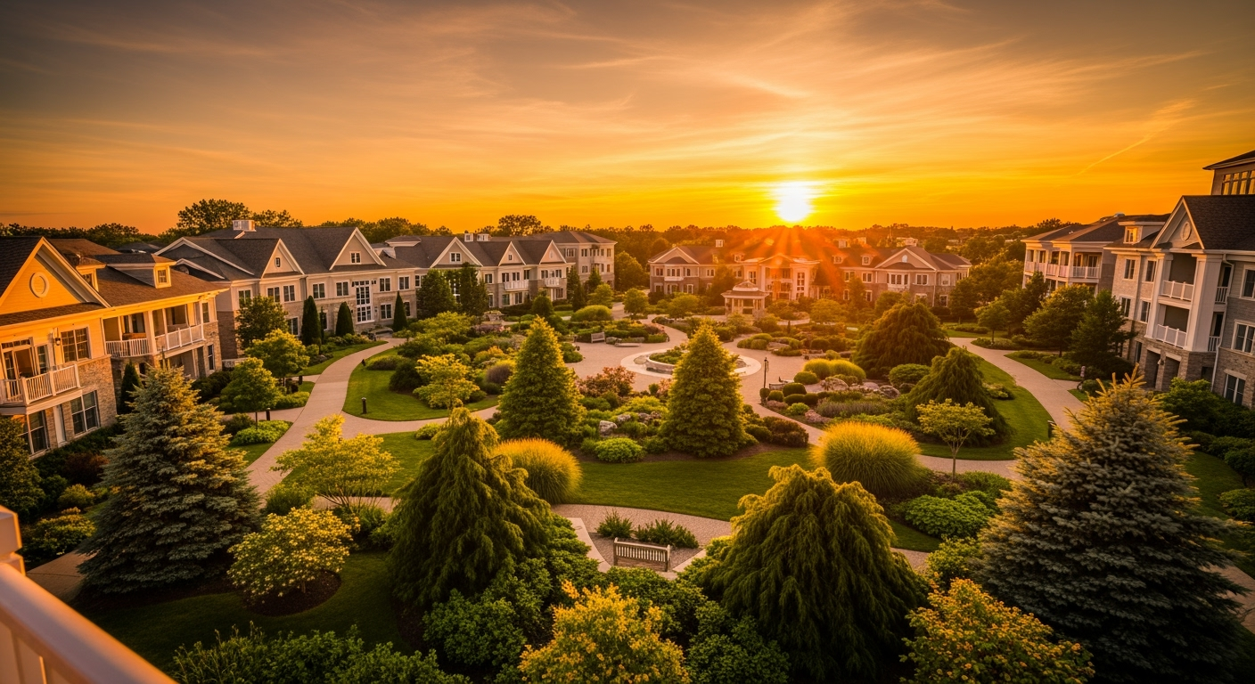 Deer Park NY waterfront aerial view at sunset