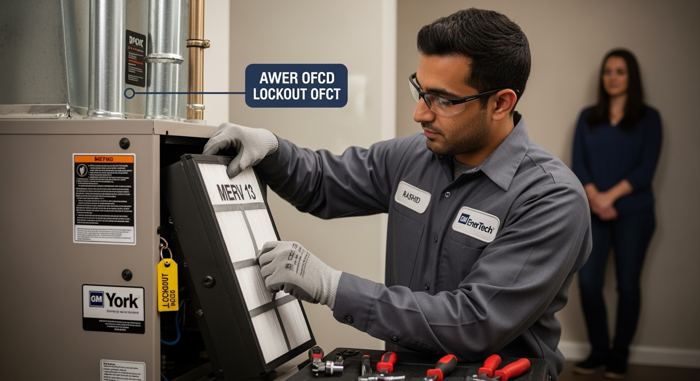 GM EnerTech HVAC technician servicing AC unit in Deer Park home