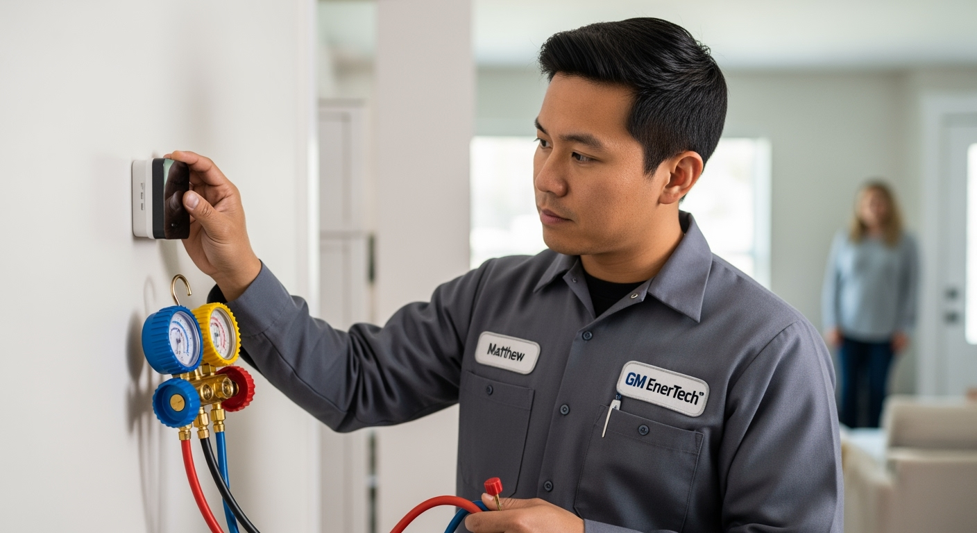 GM EnerTech HVAC technician servicing AC unit in Dix Hills home