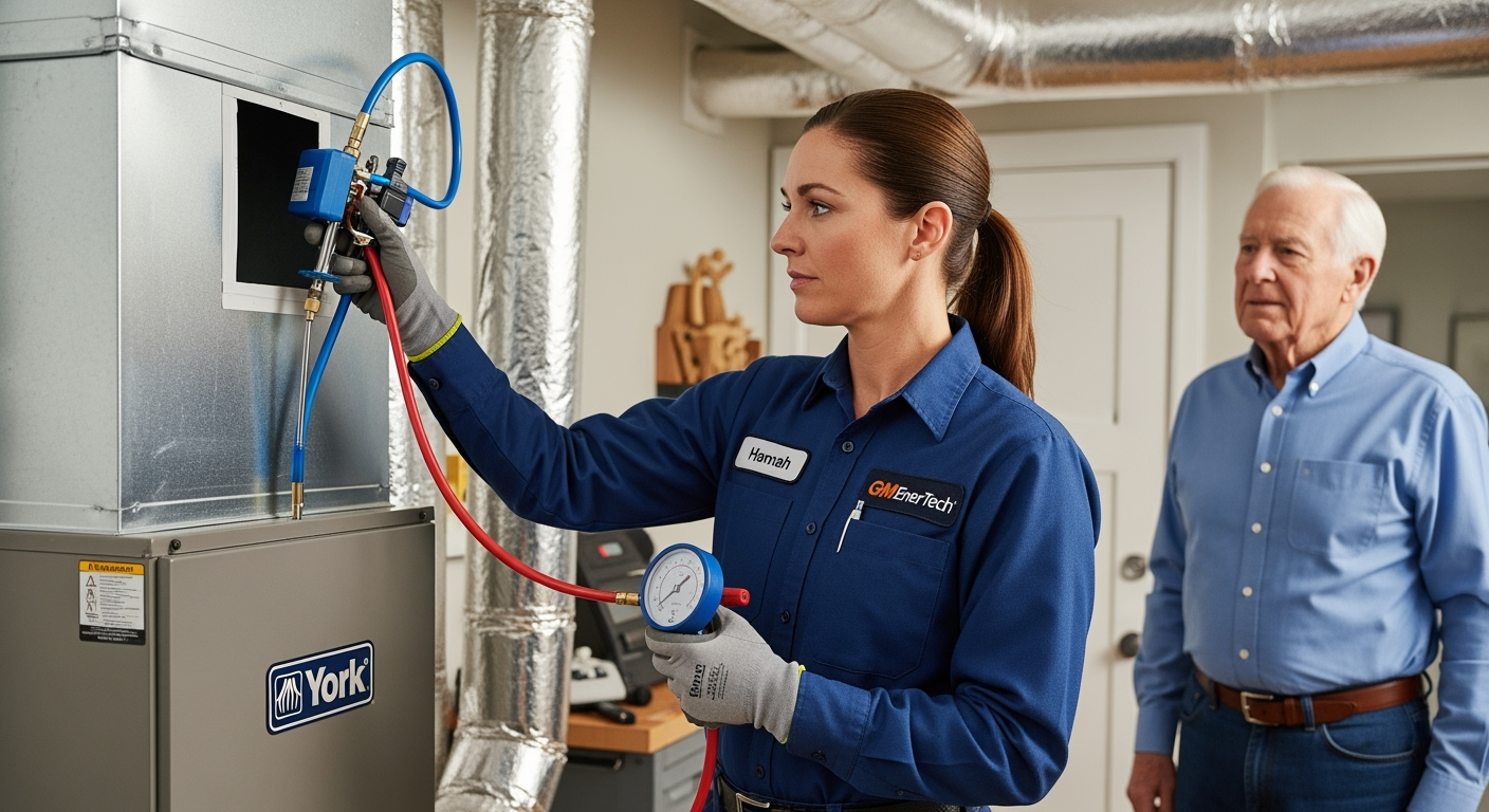 GM EnerTech HVAC technician servicing AC unit in East Hampton home