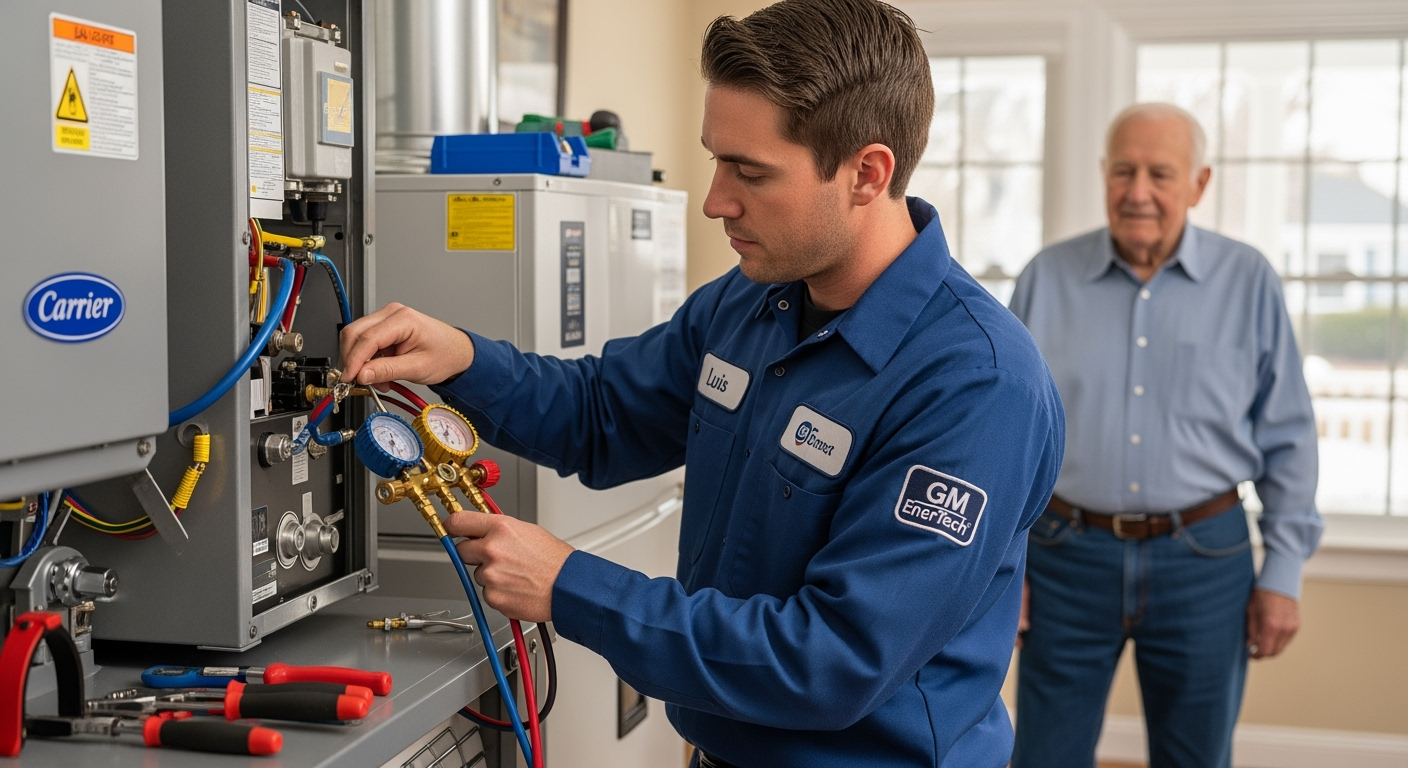 GM EnerTech HVAC technician servicing AC unit in East Islip home