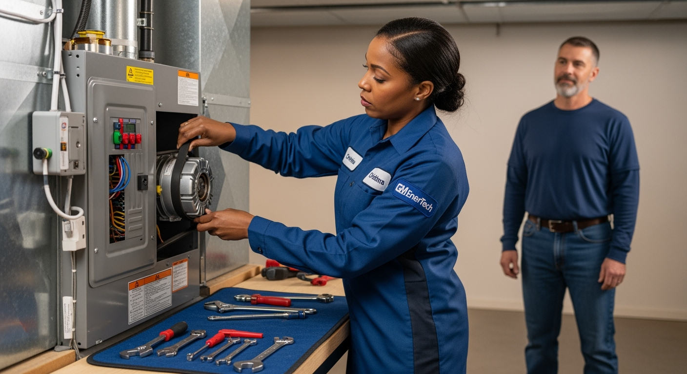 GM EnerTech HVAC technician servicing AC unit in East Marion home