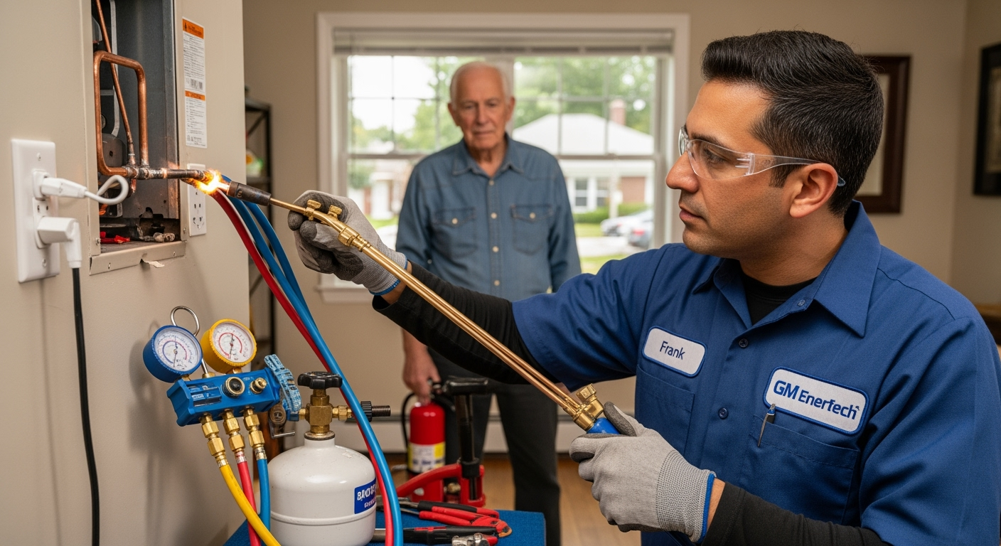 GM EnerTech HVAC technician servicing AC unit in East Meadow home