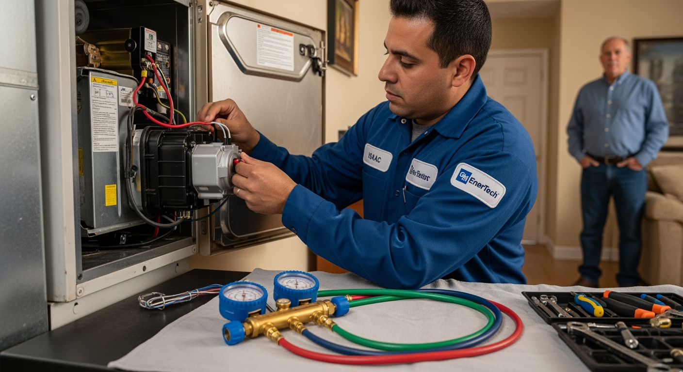 GM EnerTech HVAC technician servicing AC unit in East Moriches home