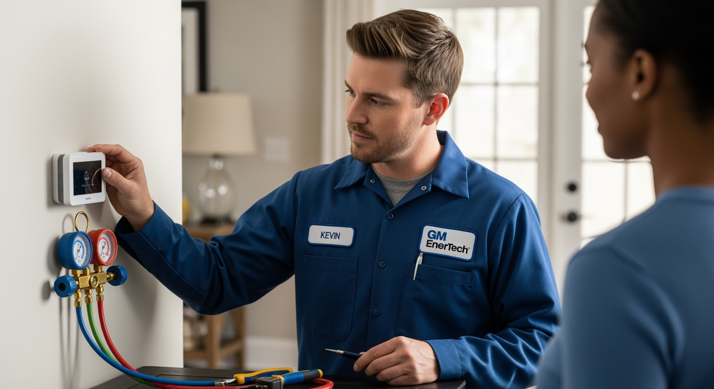 GM EnerTech HVAC technician servicing AC unit in East Northport home