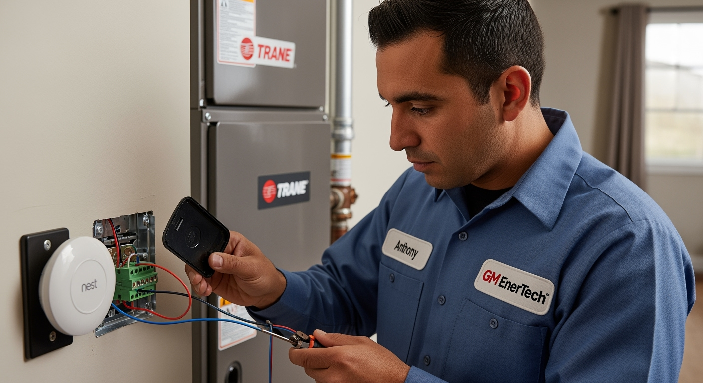 GM EnerTech HVAC technician servicing AC unit in East Norwich home