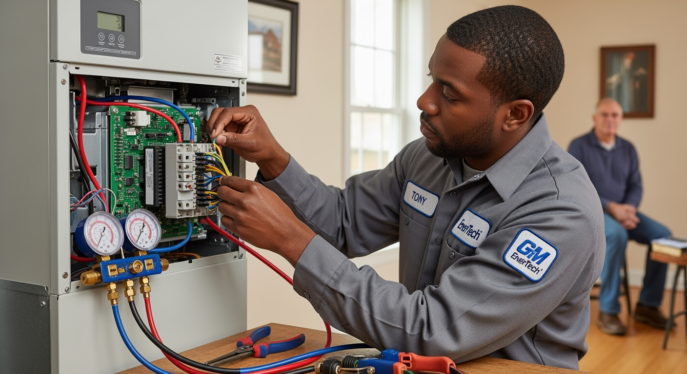 GM EnerTech HVAC technician servicing AC unit in East Patchogue home