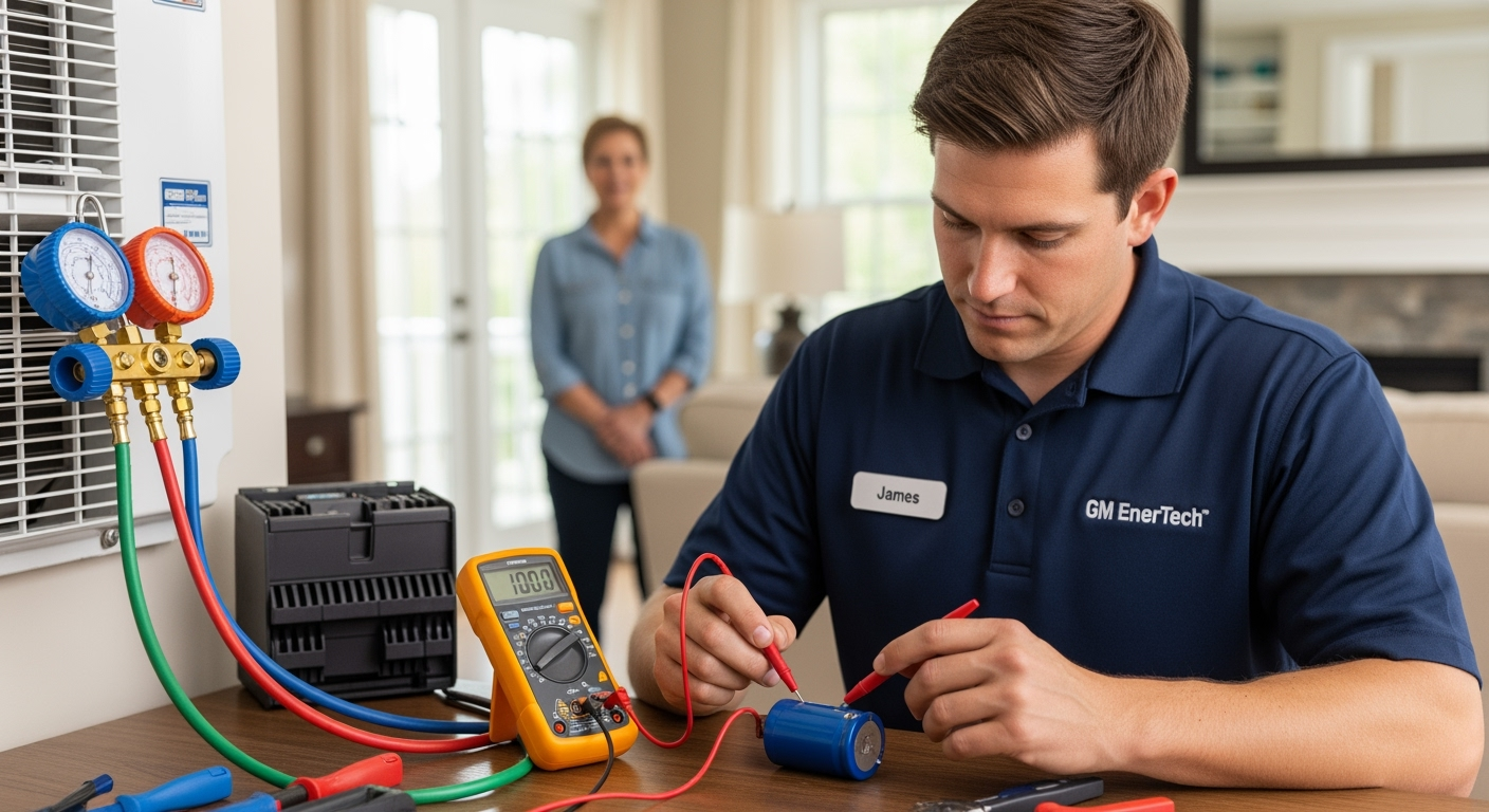 GM EnerTech HVAC technician servicing AC unit in East Quogue home