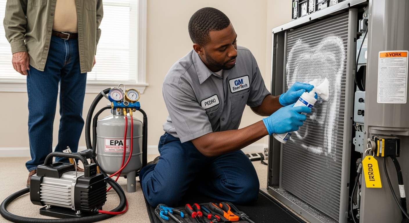 GM EnerTech HVAC technician servicing AC unit in East Rockaway home