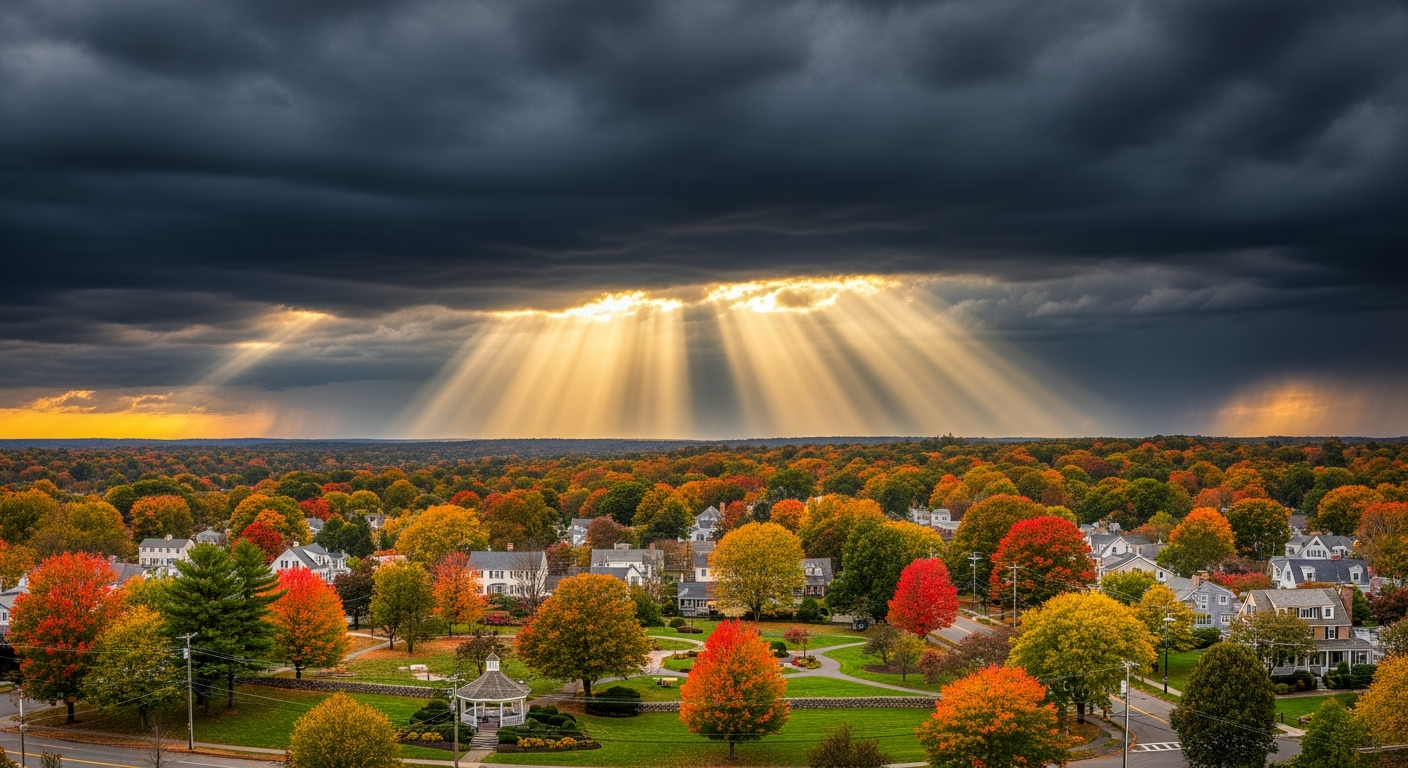 East Setauket NY waterfront aerial view at sunset