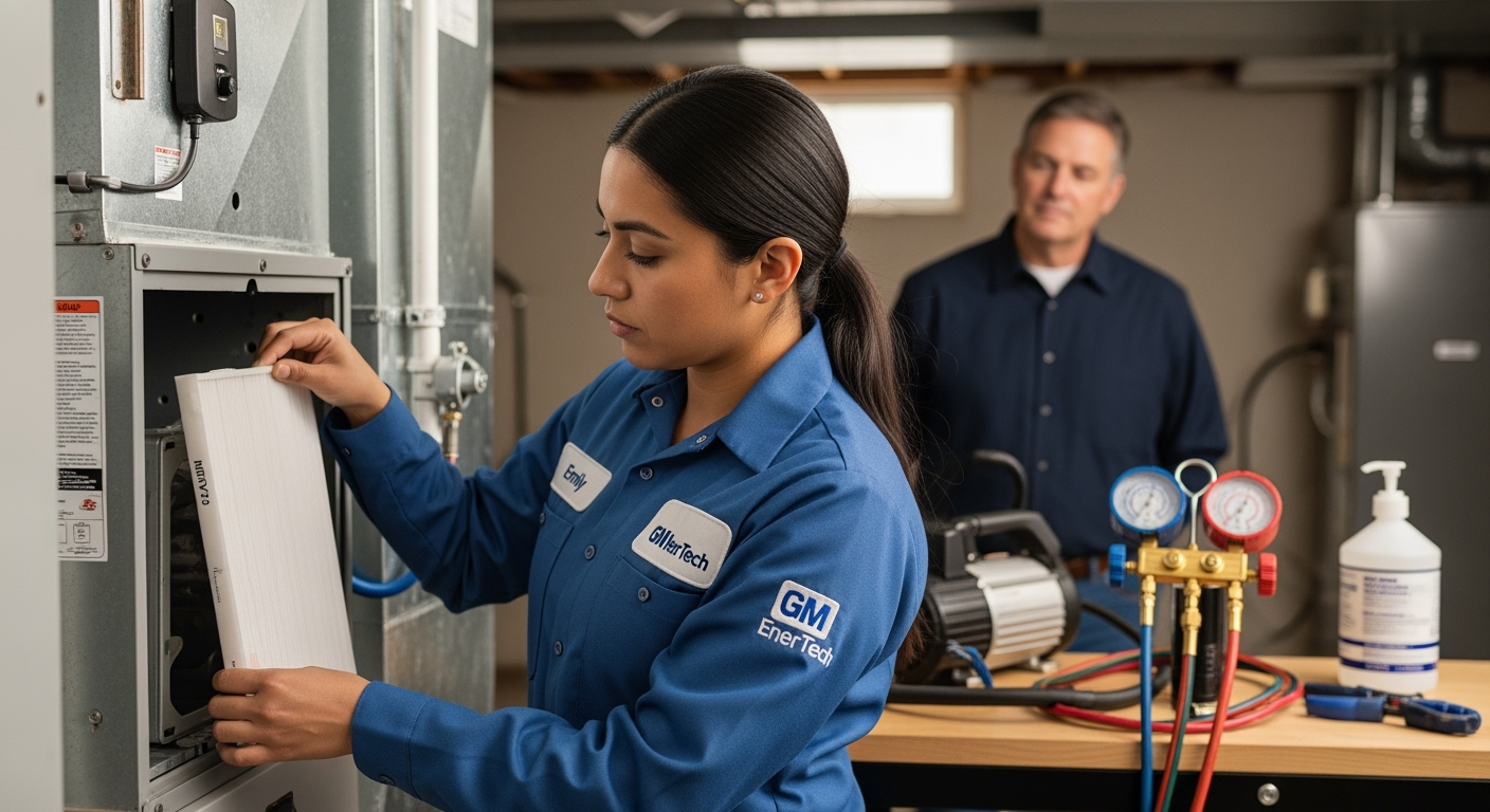 GM EnerTech HVAC technician servicing AC unit in East Setauket home