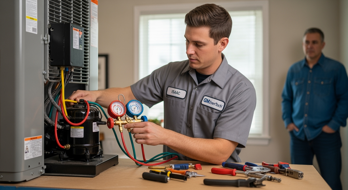 GM EnerTech HVAC technician servicing AC unit in East Williston home