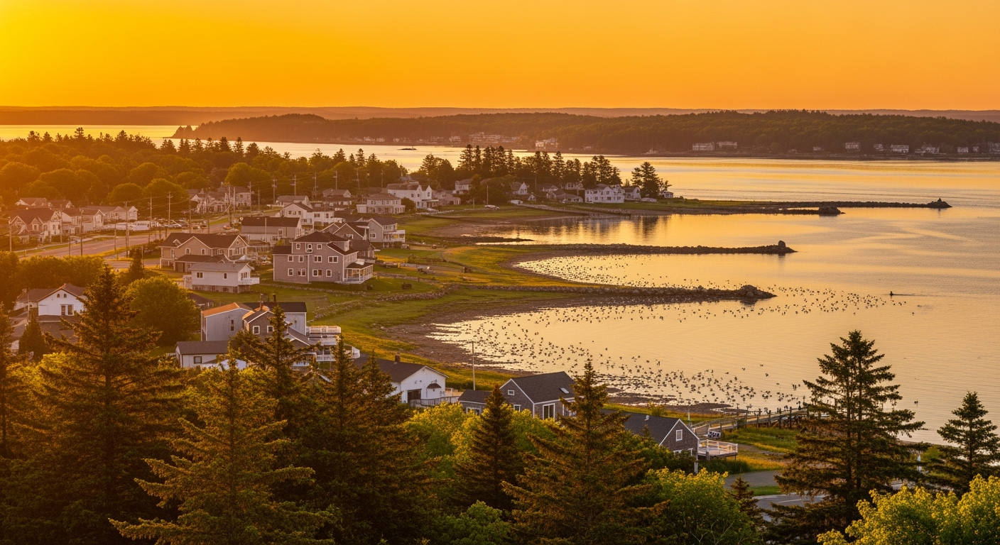 Eastport NY waterfront aerial view at sunset
